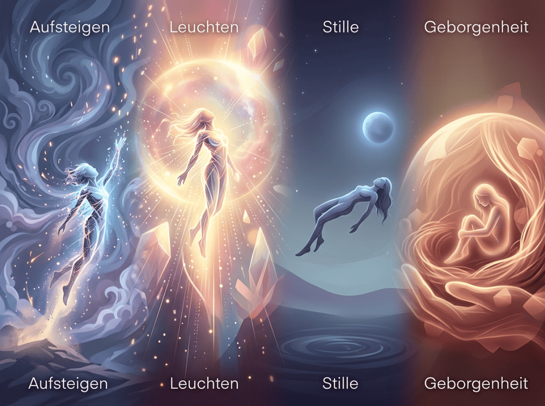 Surrealer Bildzyklus mit den Beschriftungen „Aufsteigen“, „Leuchten“, „Stille“ und „Geborgenheit“, jeweils oben und unten.