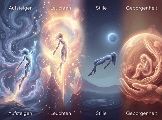 Surrealer Bildzyklus mit den Beschriftungen „Aufsteigen“, „Leuchten“, „Stille“ und „Geborgenheit“, jeweils oben und unten.
