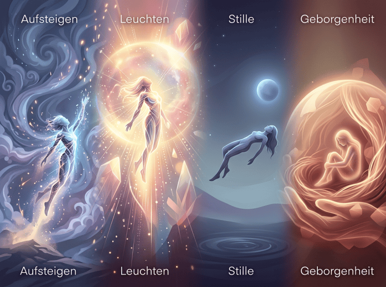 Surrealer Bildzyklus mit den Beschriftungen „Aufsteigen“, „Leuchten“, „Stille“ und „Geborgenheit“, jeweils oben und unten.