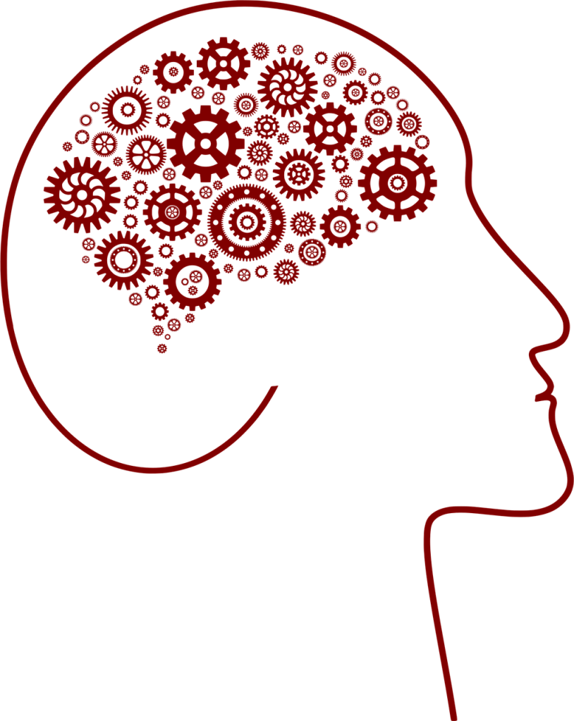 Profile einer Kopf-Silhouette mit einem Gehirn aus Zahnrädern und mechanischen Elementen in Rot.