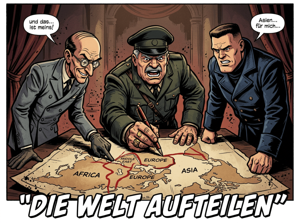 Comic text: “und das... ist meins!”, “Asien... für mich...”, “DIE WELT AUFTEILEN”; three men divide a map labeled Africa, Middle East, Europe, and Asia.
